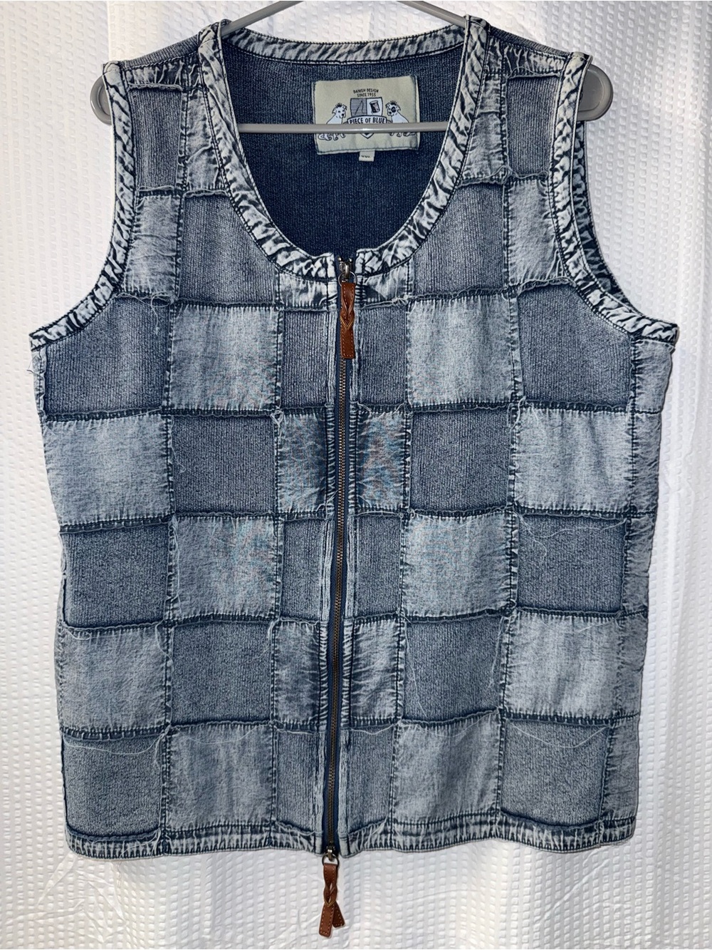 Piece Of Blue cotton denim vest with a quadratic patchwork pattern size XXL